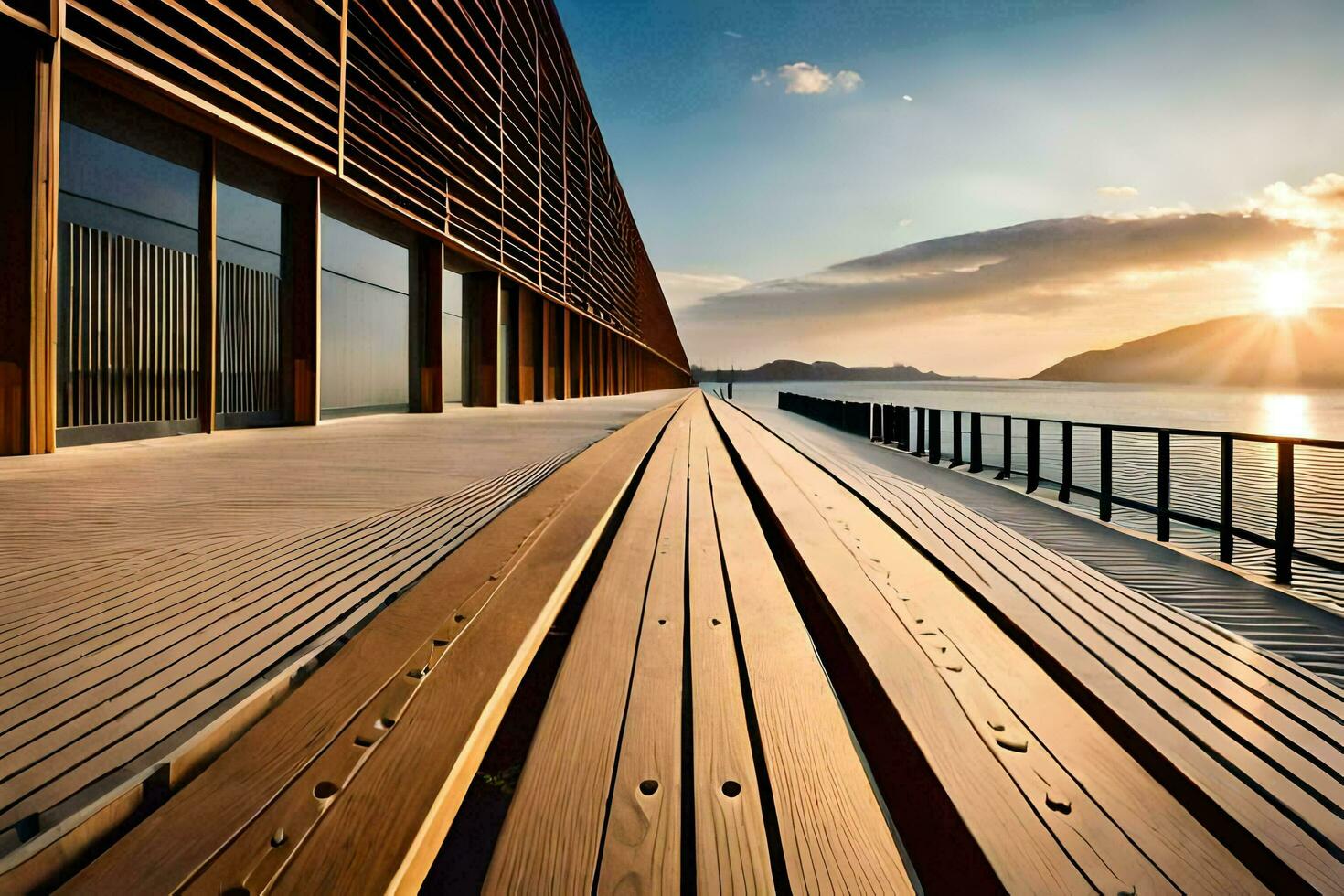 a wooden walkway leads to a building with the sun setting behind it. AI-Generated photo