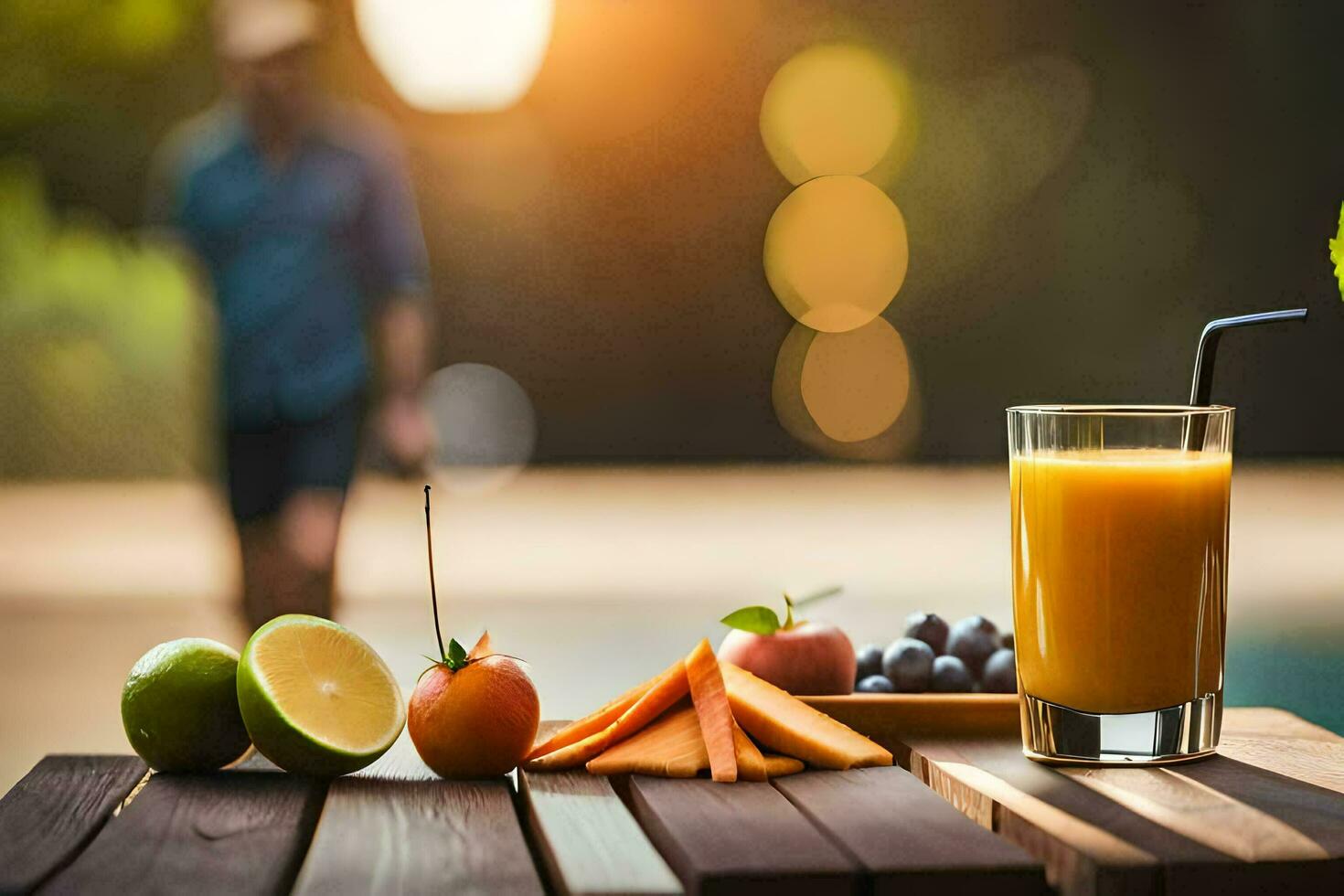 a glass of juice and fruit on a table. AI-Generated photo