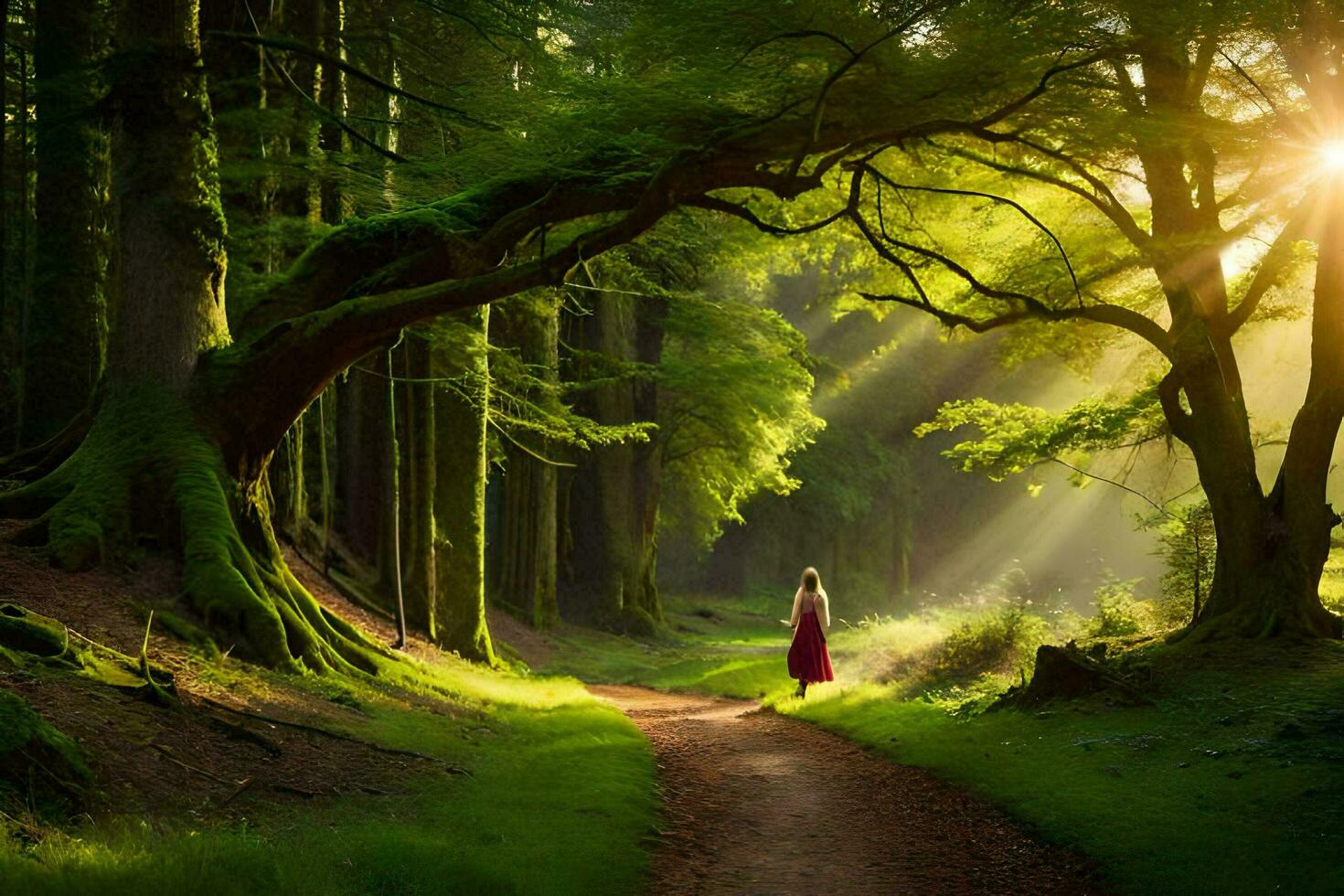 a woman walking down a path in the forest. AI-Generated photo