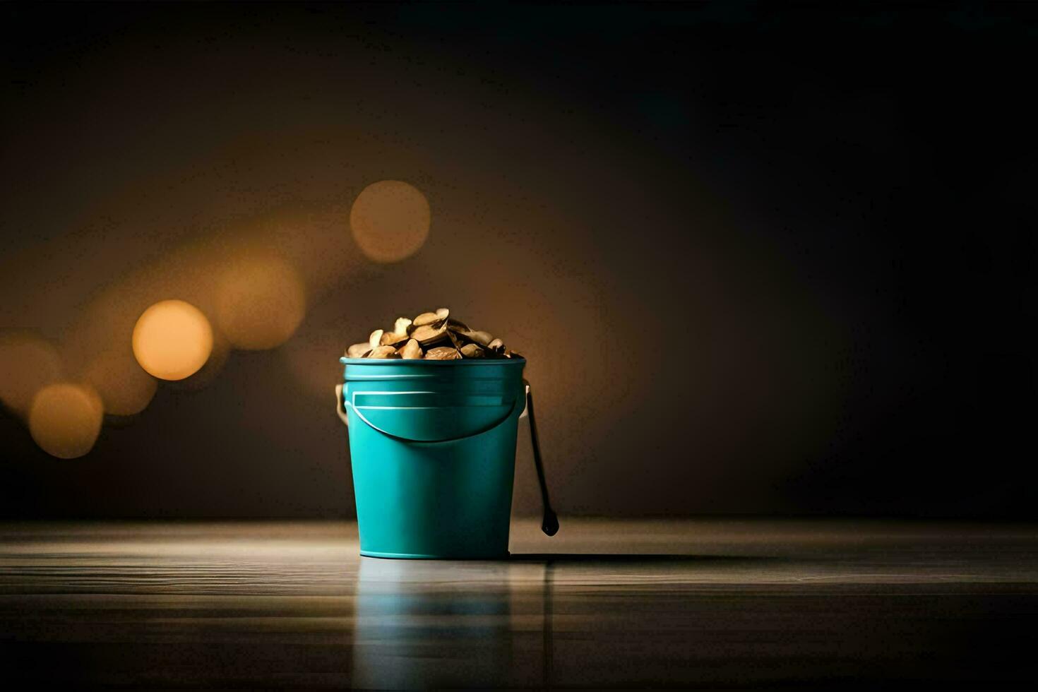 a bucket of peanuts on a table. AI-Generated photo