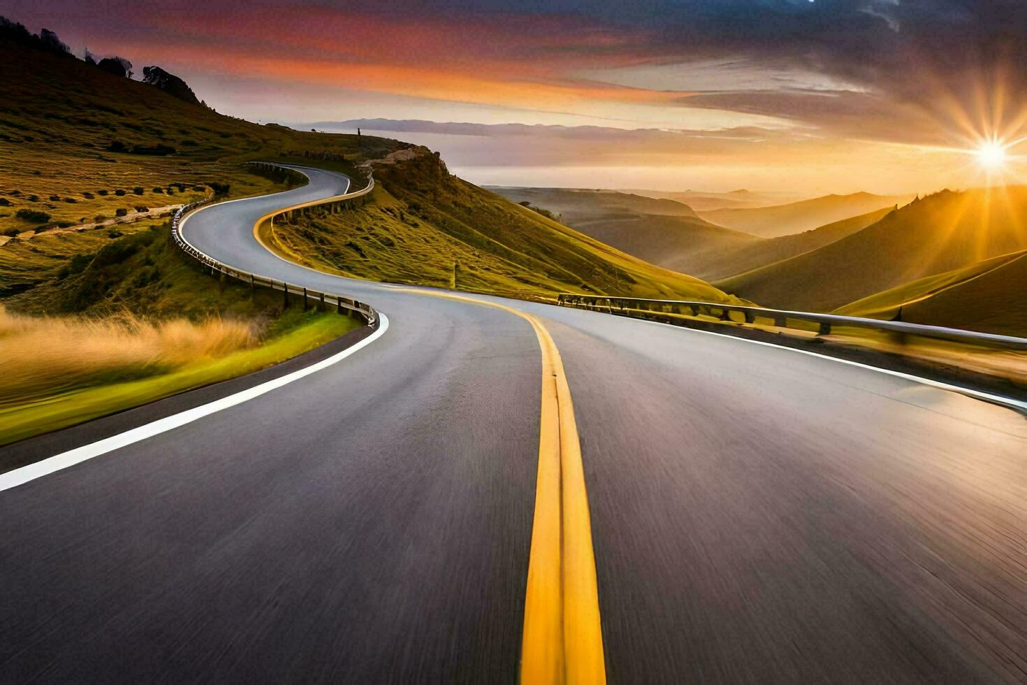 a winding road with the sun setting behind it. AI-Generated photo