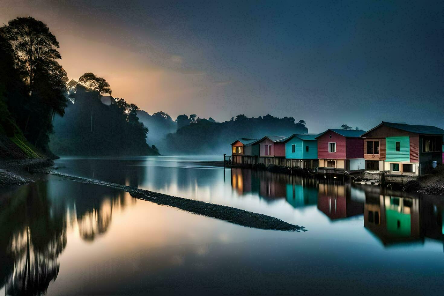 colorful houses on the shore of a river at sunrise. AI-Generated photo