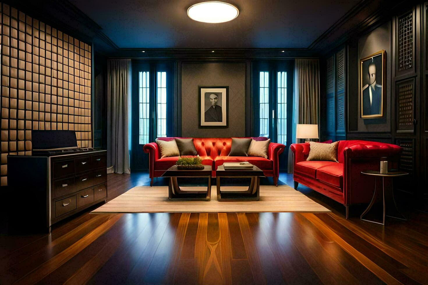 a living room with red couches and a coffee table. AI-Generated photo