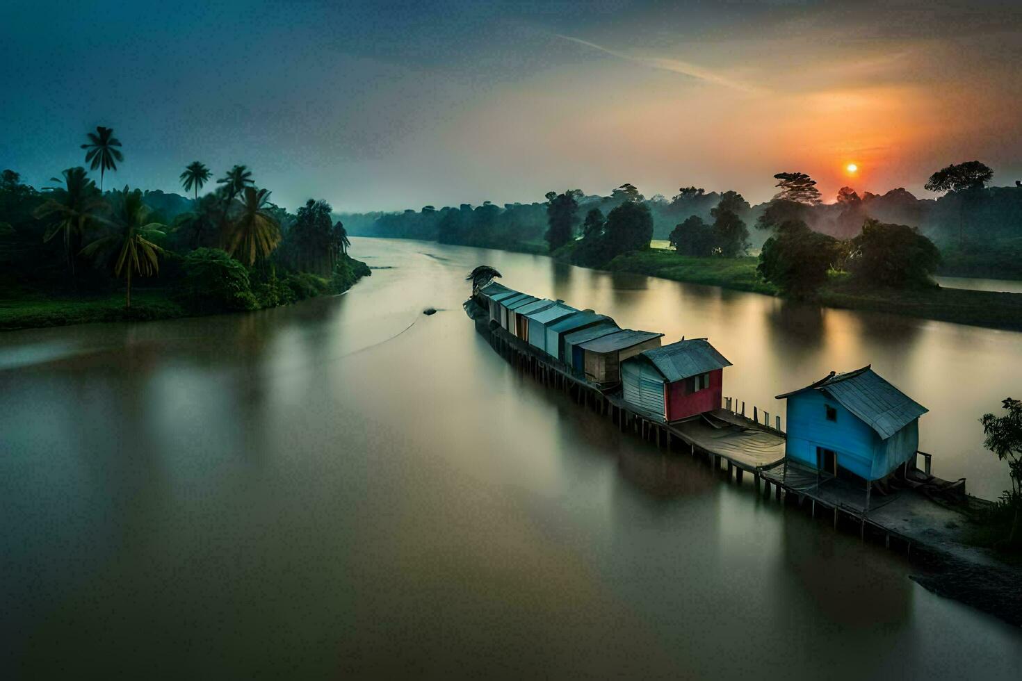 a river with houses on it at sunset. AI-Generated photo