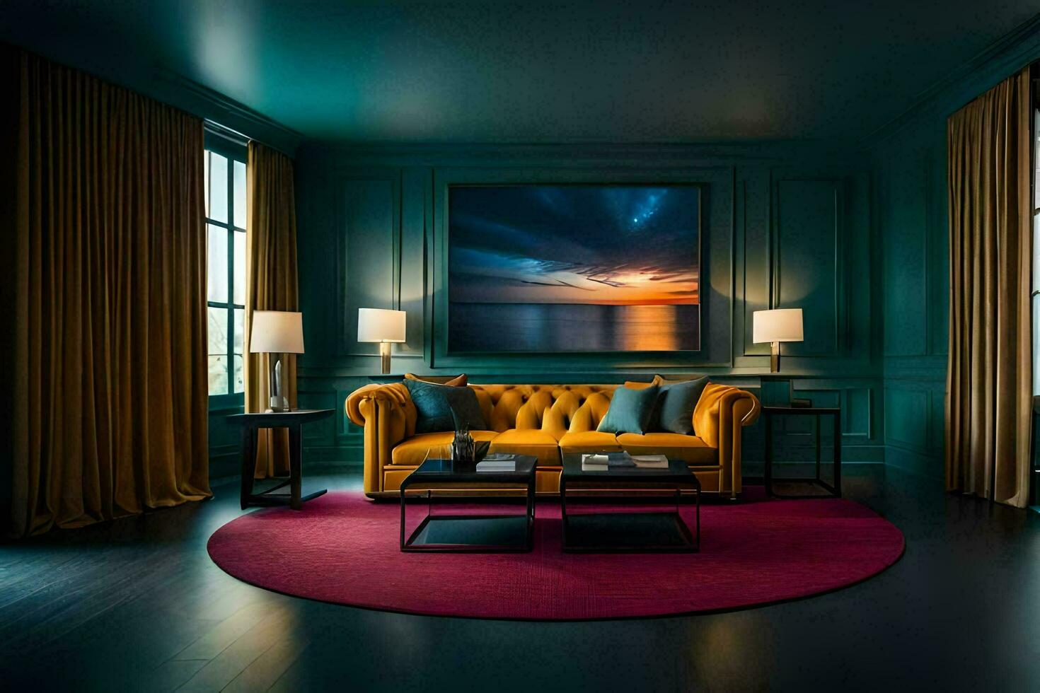 a living room with a yellow couch and a painting on the wall. AI-Generated photo