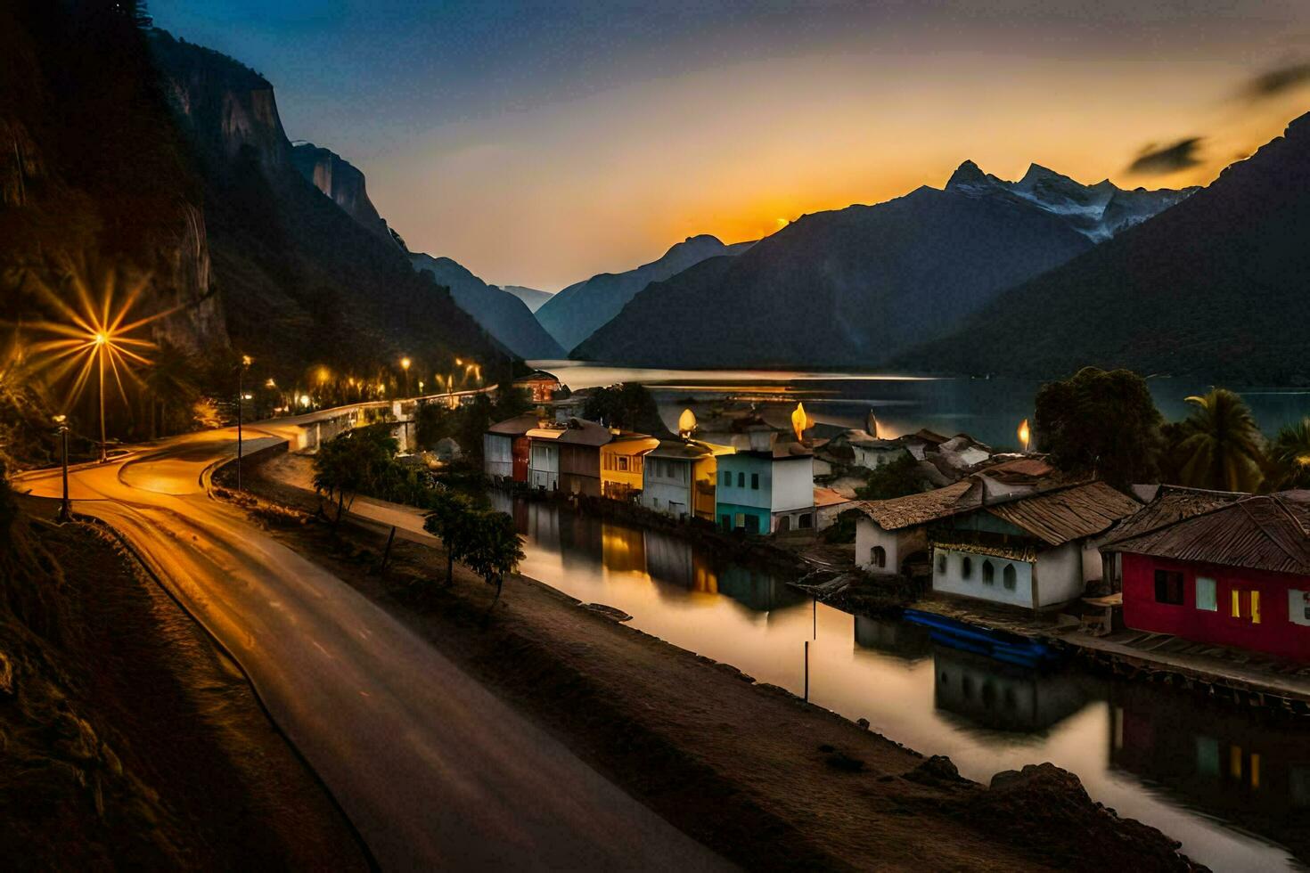 un río y casas en el montañas a puesta de sol. generado por ai foto