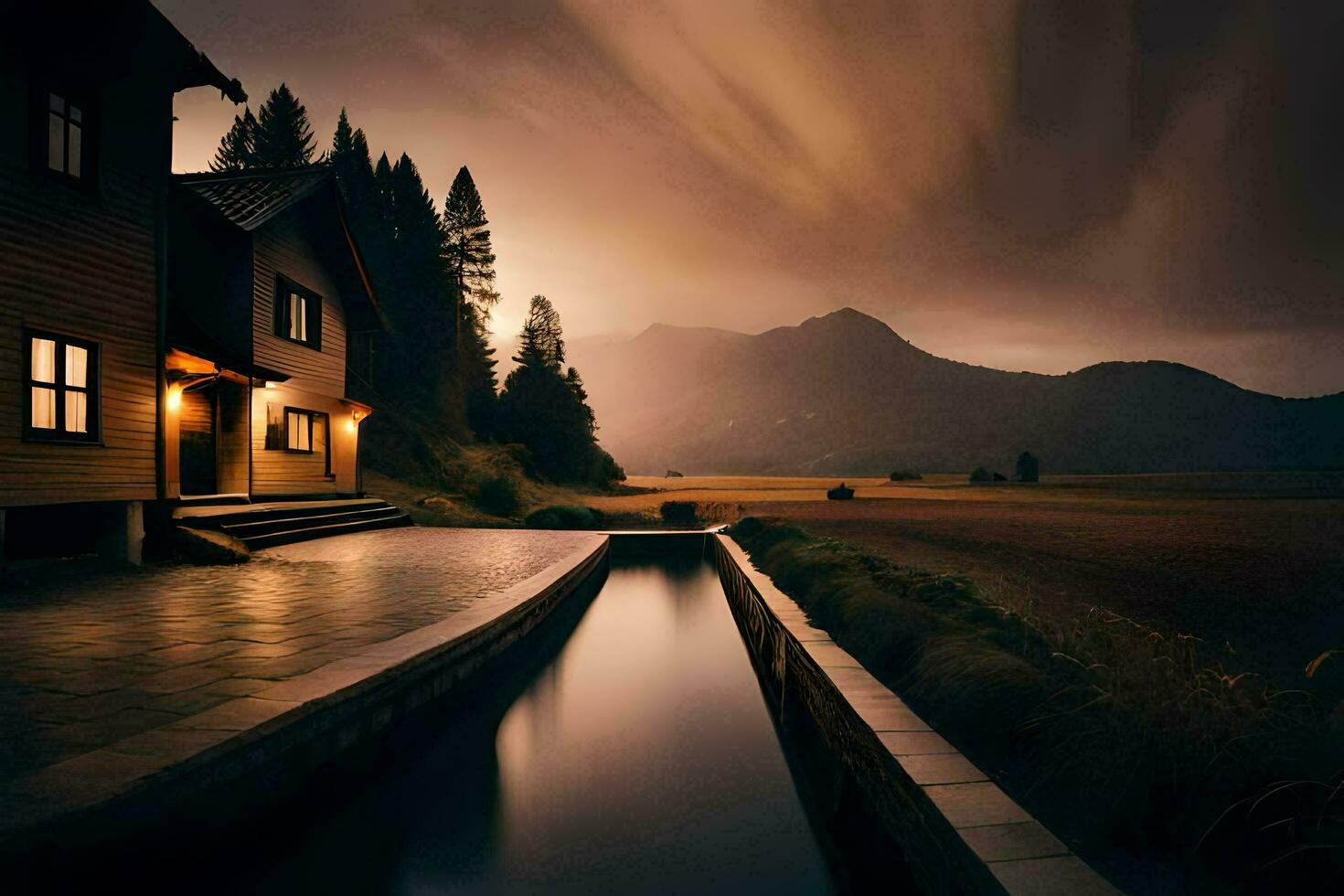 a house in the mountains at sunset. AI-Generated photo