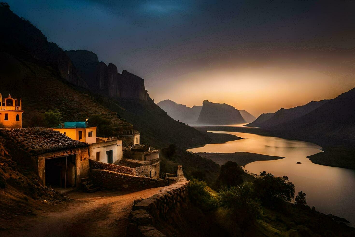 the village of person, in the middle of the river. AI-Generated photo