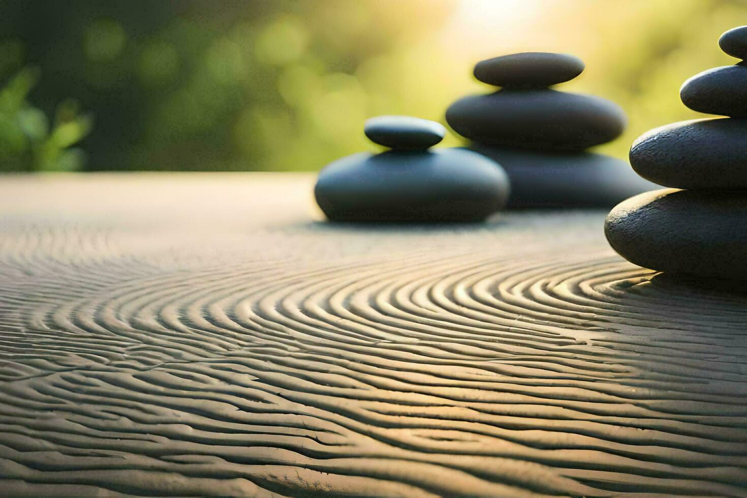 stones stacked on a sand table with the sun in the background. AI-Generated photo