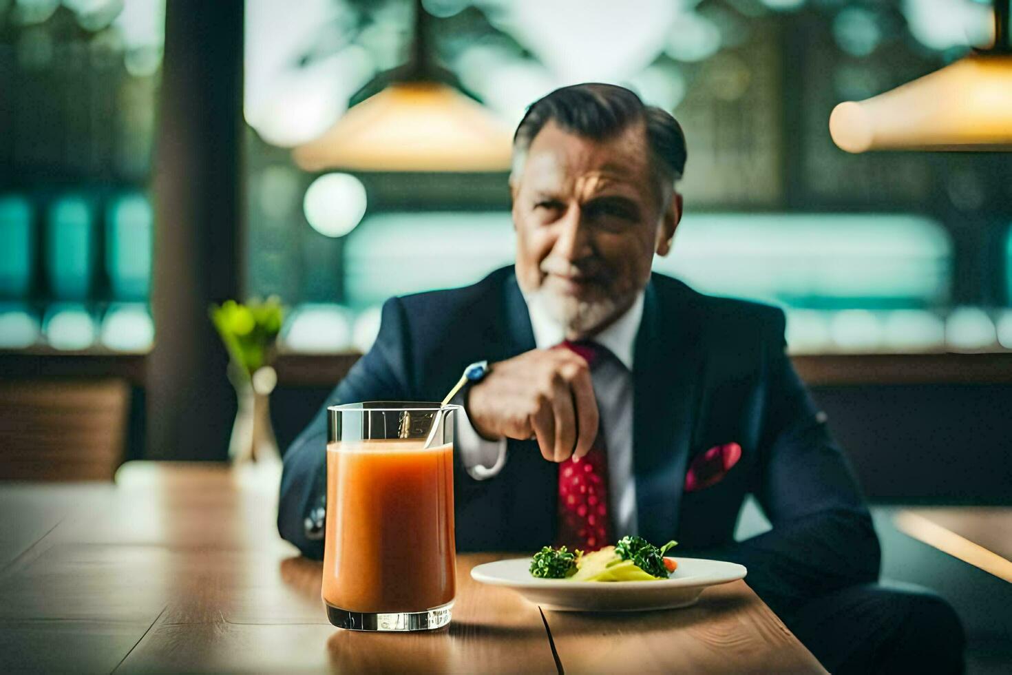 a man in a suit sitting at a table with a glass of juice. AI-Generated photo