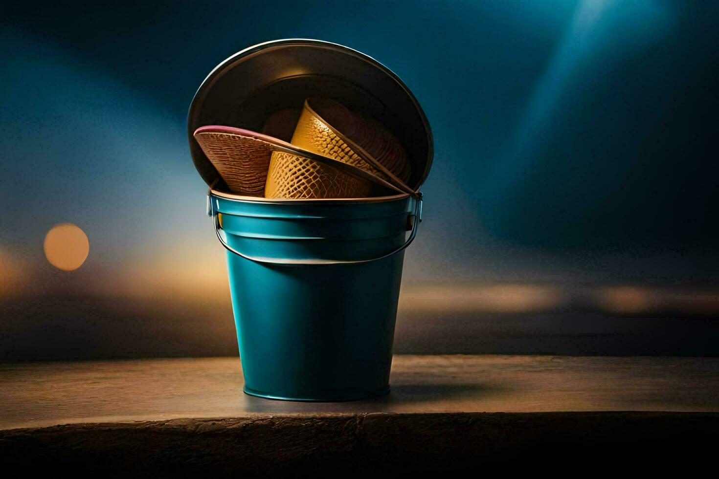 a bucket with ice cream in it. AI-Generated photo