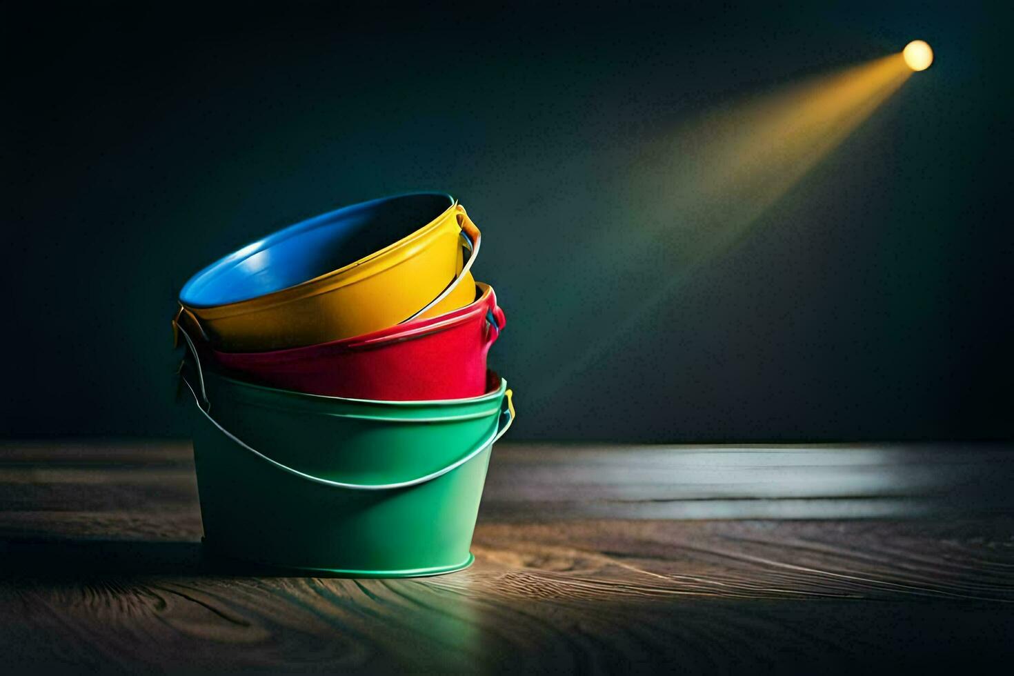 colorful buckets on a wooden table. AI-Generated photo
