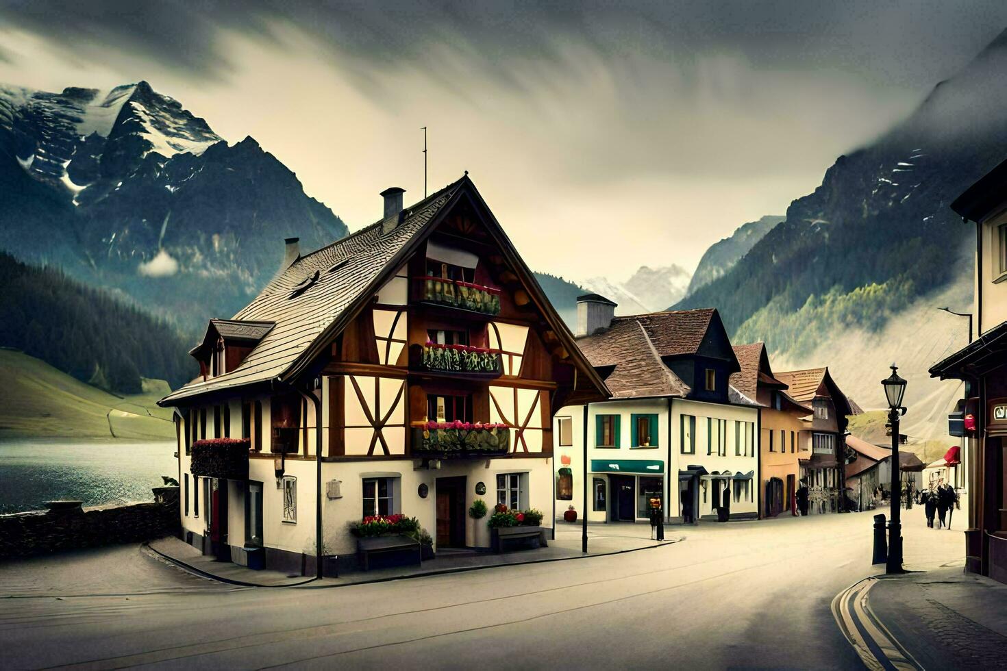 a town with a mountain in the background. AI-Generated photo