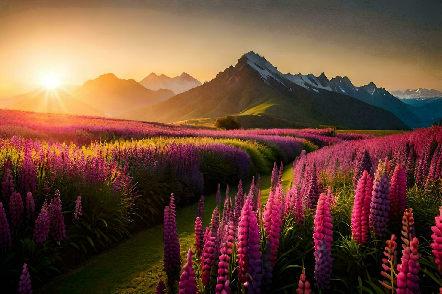 the sun rises over the mountains and the lupine flowers. AI-Generated photo