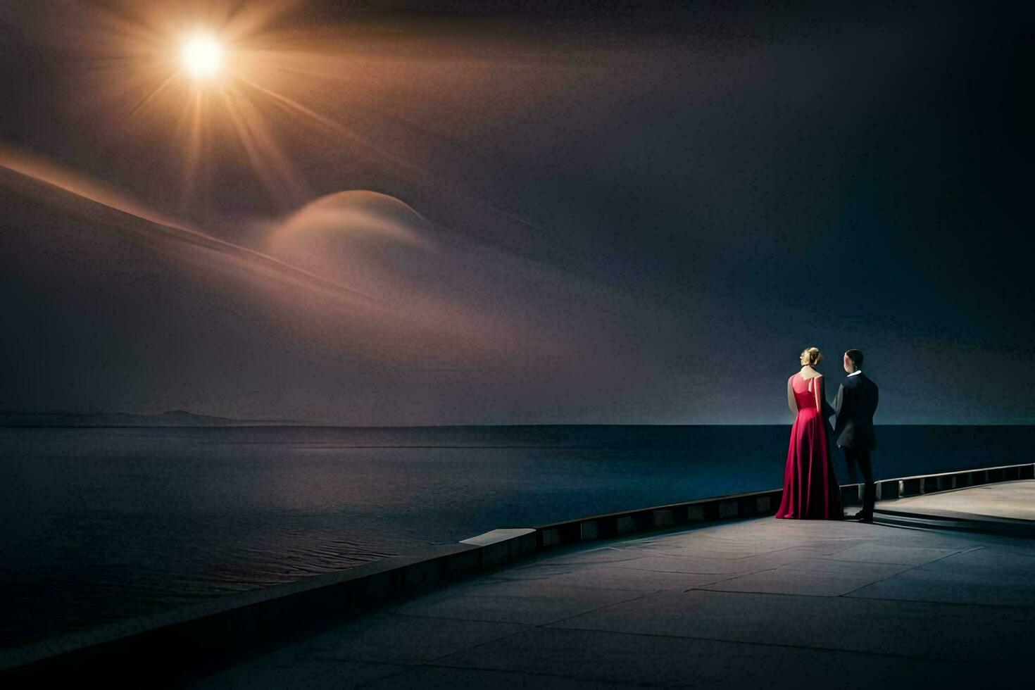 a couple standing on a pier looking at the sun. AI-Generated photo