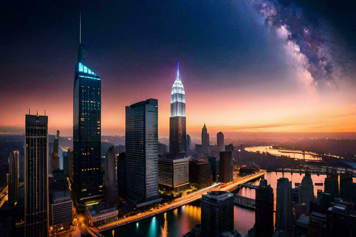 the milky way shines over the city skyline. AI-Generated photo