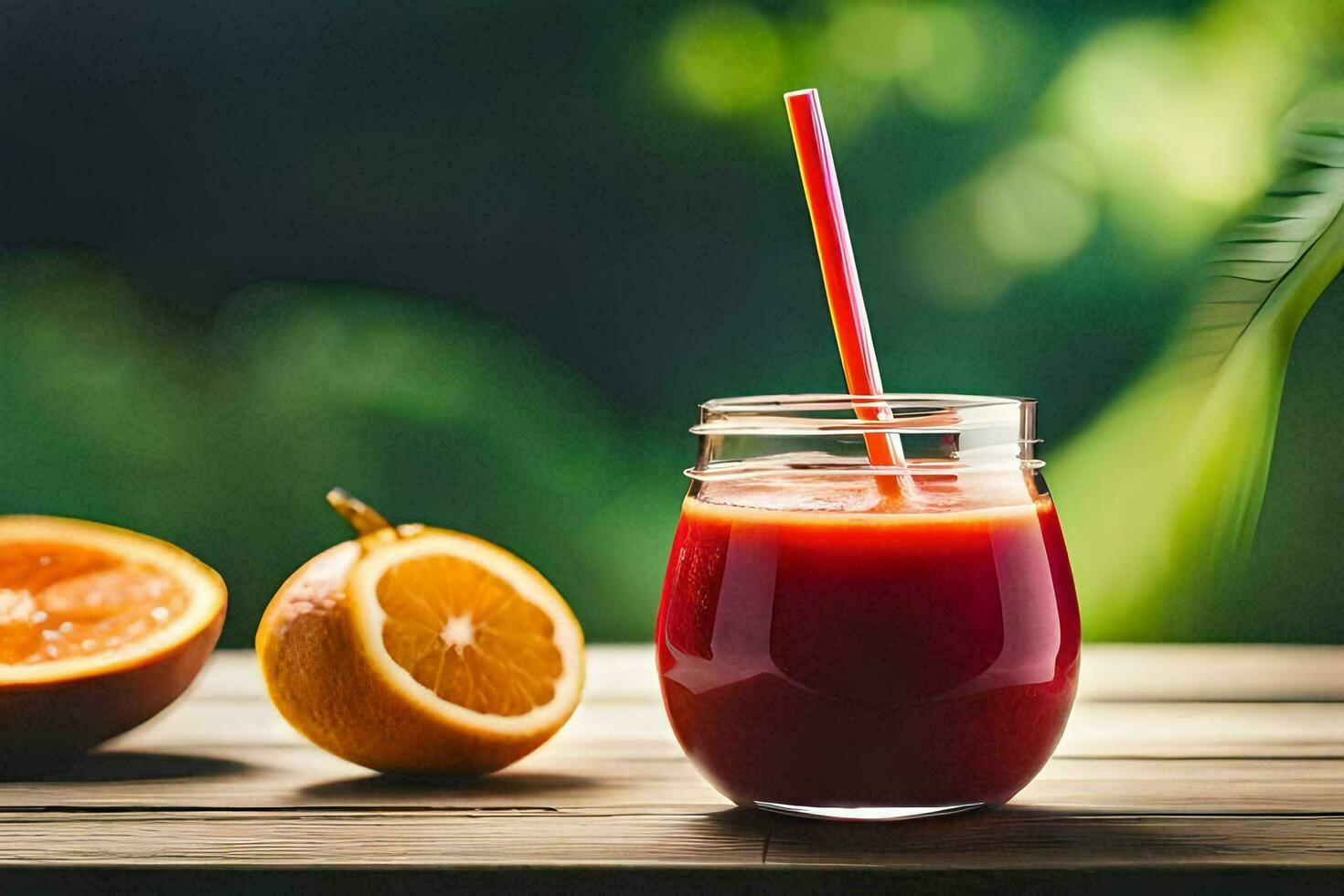 a glass of juice with an orange and straw. AI-Generated photo
