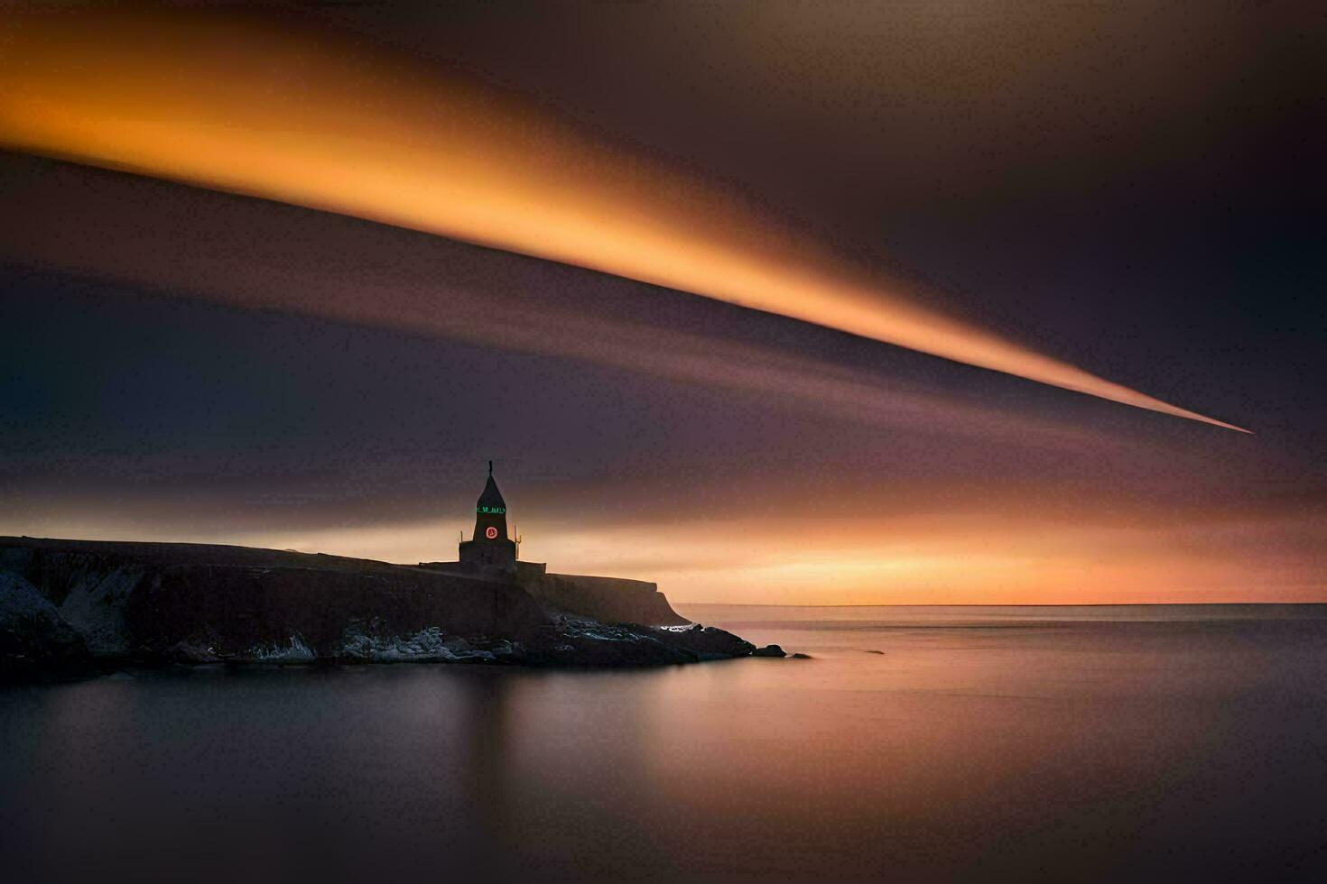a lighthouse is seen in the distance at sunset. AI-Generated photo