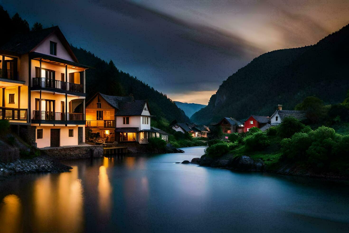 un río y casas en el montañas a noche. generado por ai foto