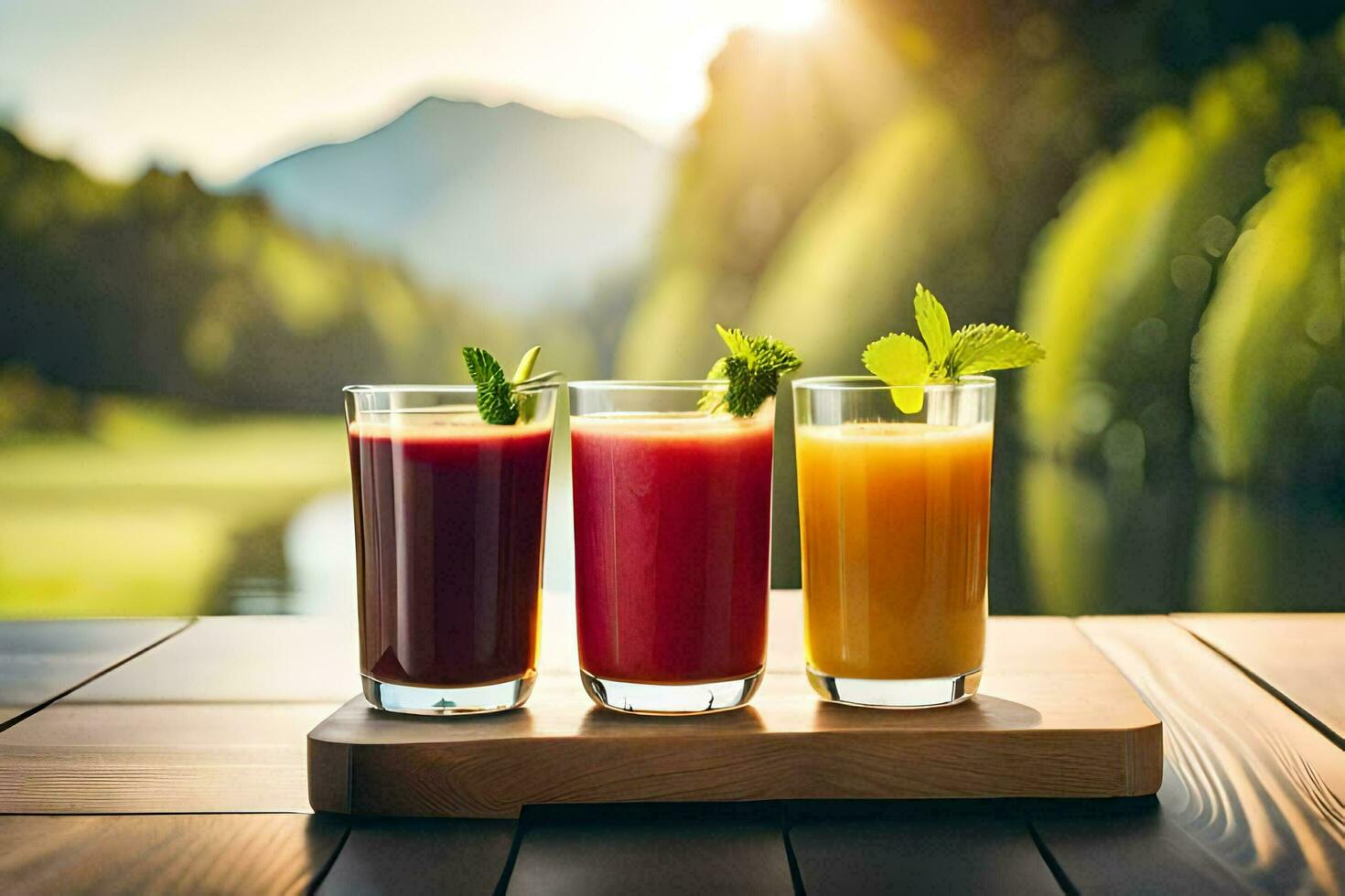 Tres lentes de jugo en un de madera bandeja con un lago en el antecedentes. generado por ai foto