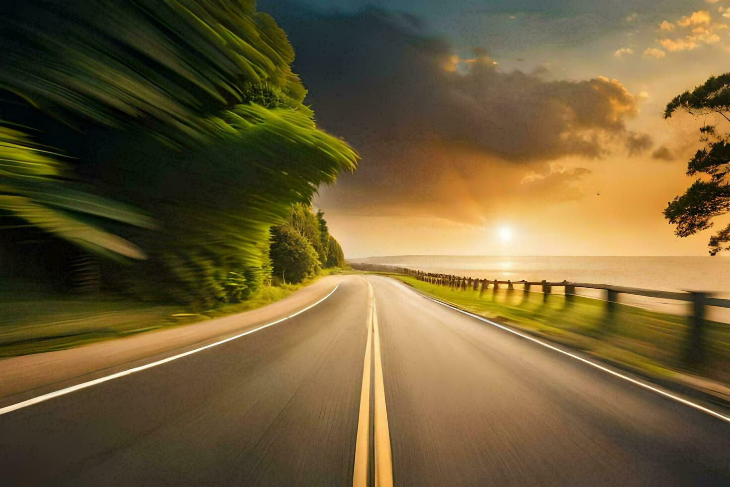a car driving down a road at sunset. AI-Generated photo