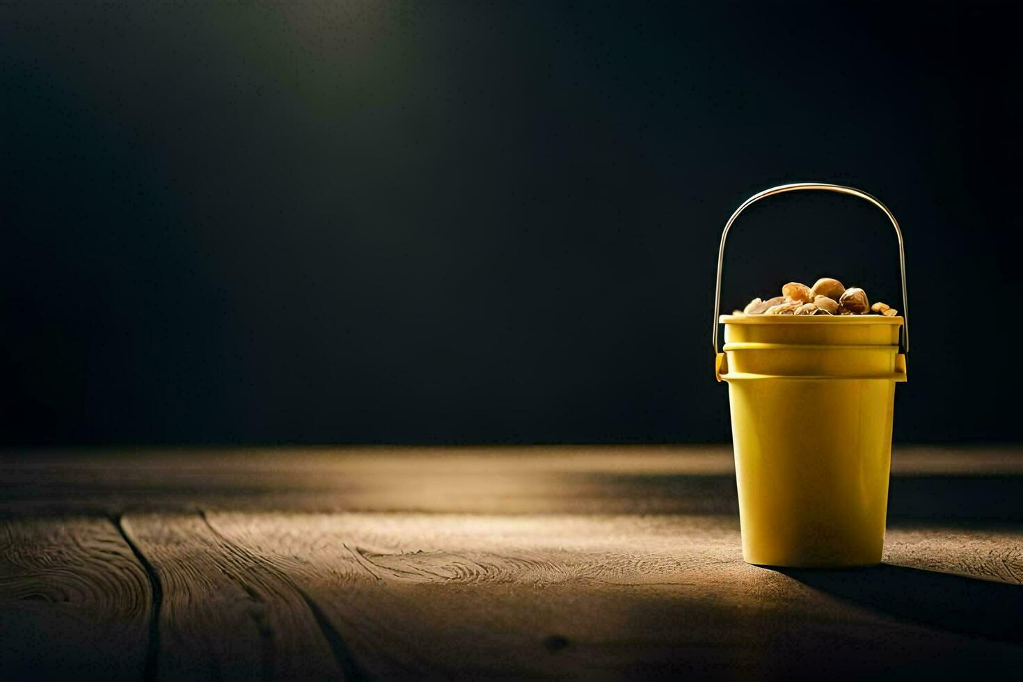 a bucket of popcorn on a wooden table. AI-Generated photo