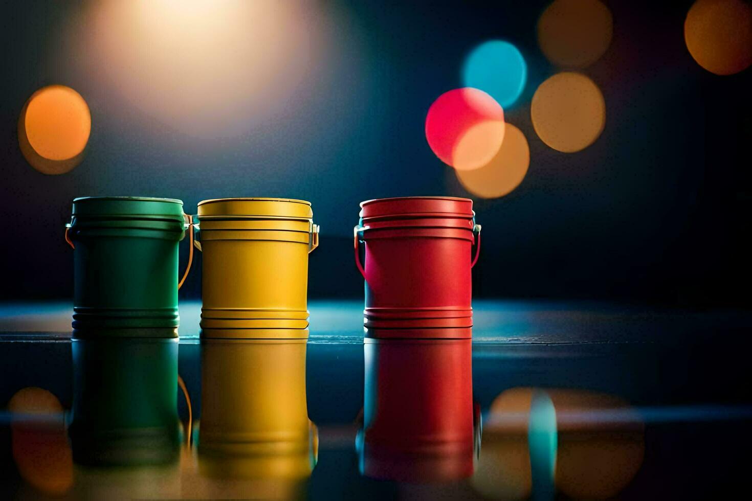three colorful buckets on a table with bokeh lights. AI-Generated photo
