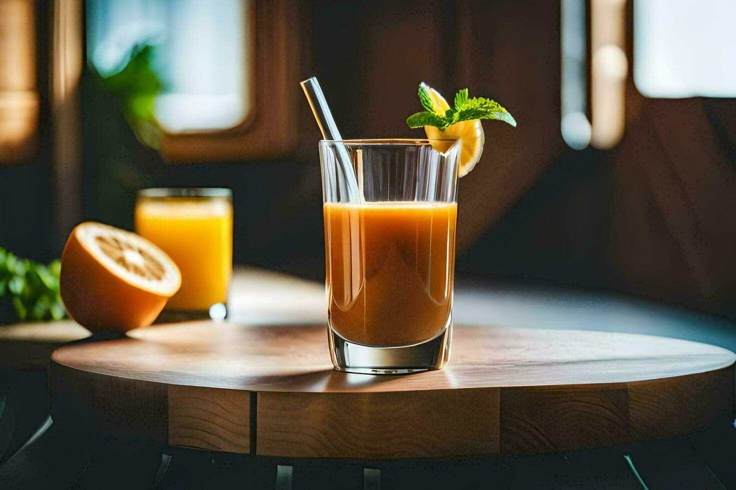 orange juice in a glass with a straw. AI-Generated photo
