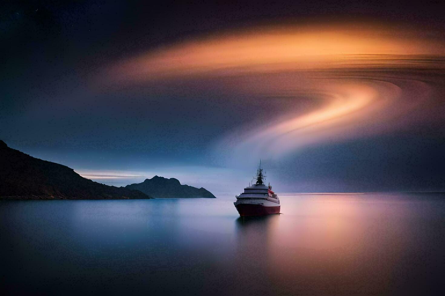 un barco en el Oceano a noche con un largo exposición. generado por ai foto