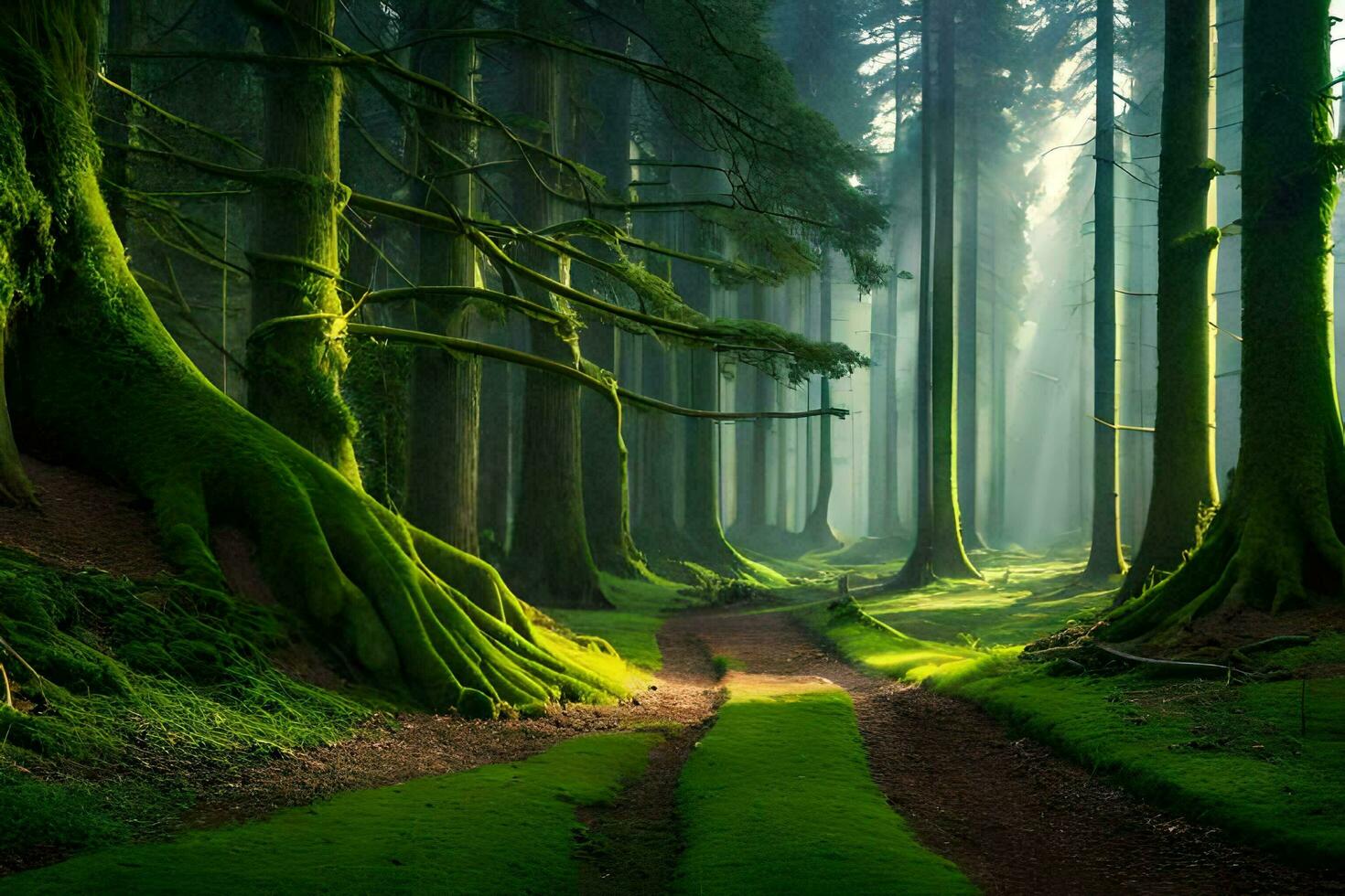 a path through a forest with trees and grass. AI-Generated photo