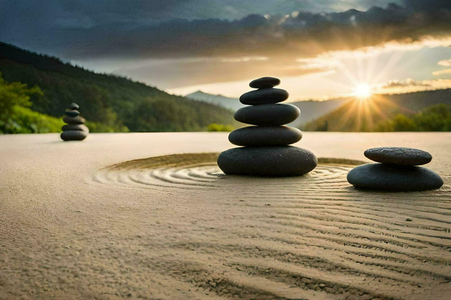 the sun sets over a sand dune with stones stacked on top. AI-Generated photo