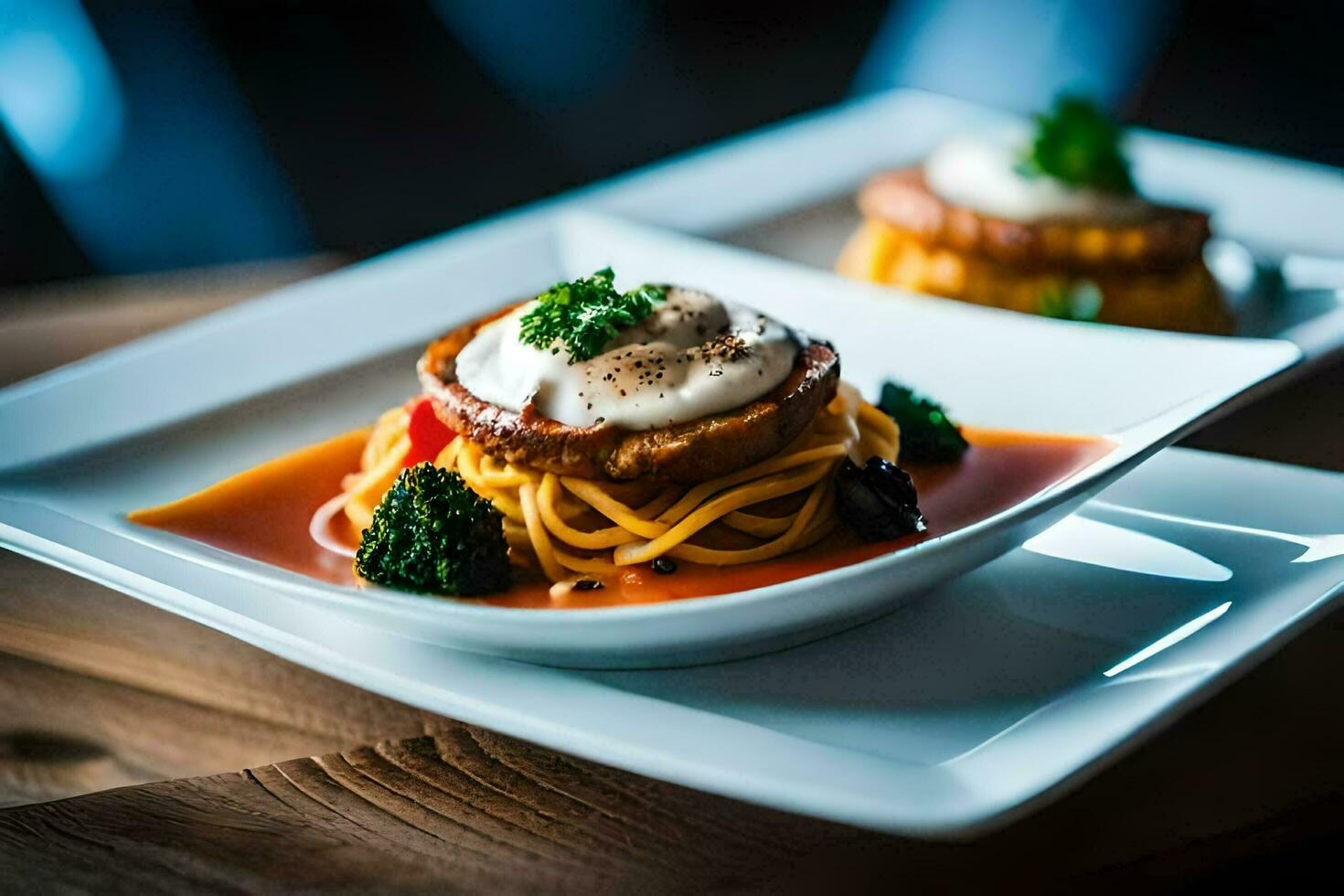 two white plates with spaghetti and meatballs. AI-Generated photo