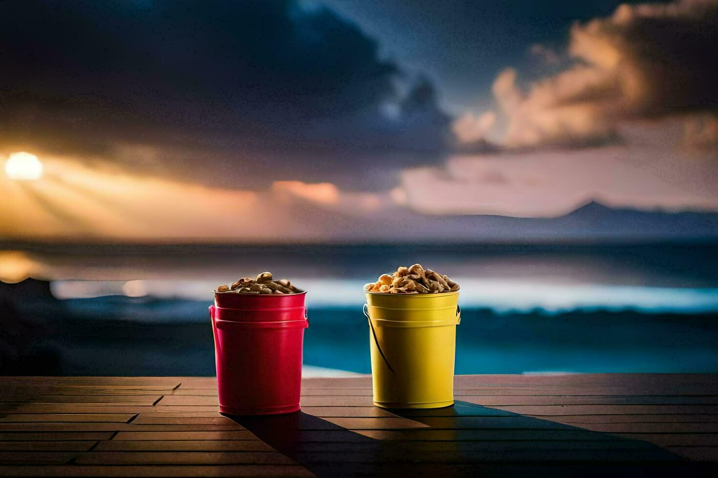 two colorful cups sitting on a wooden table with a sunset in the background. AI-Generated photo