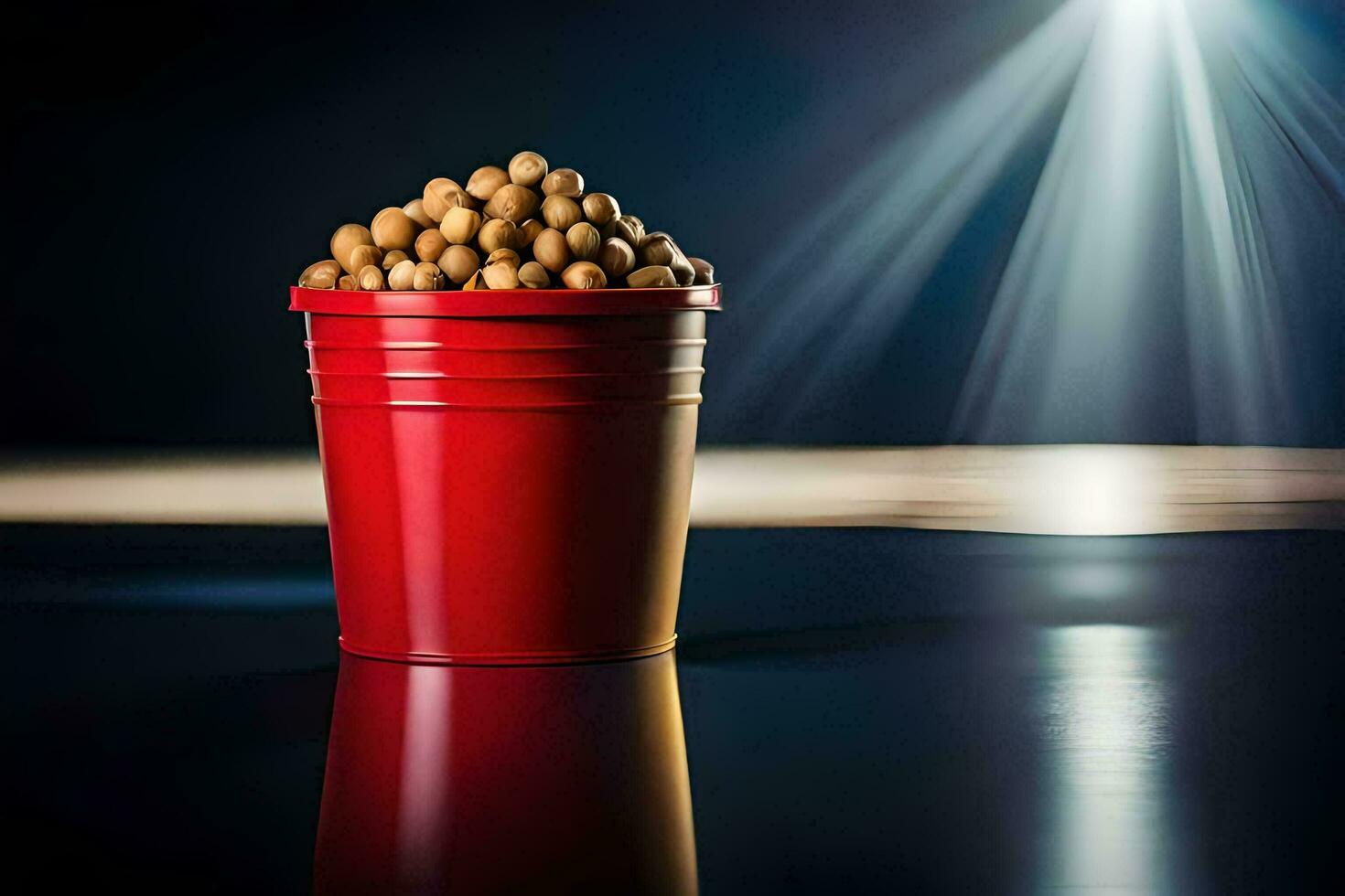 a red bucket filled with peanuts on a table. AI-Generated photo