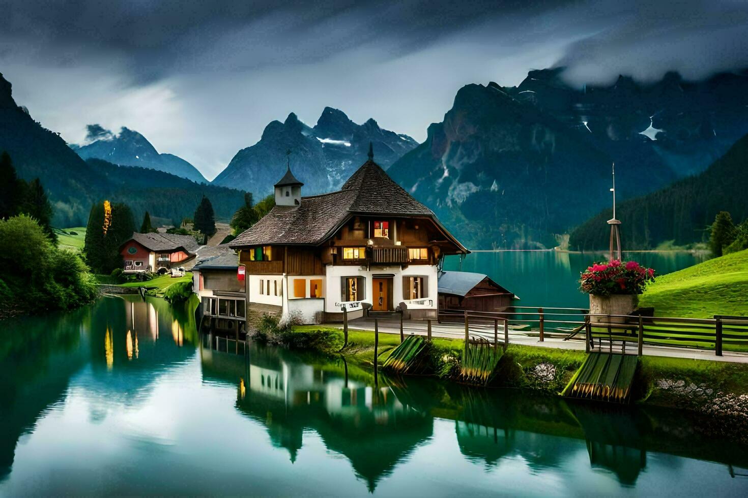 a house sits on the edge of a lake surrounded by mountains. AI-Generated photo