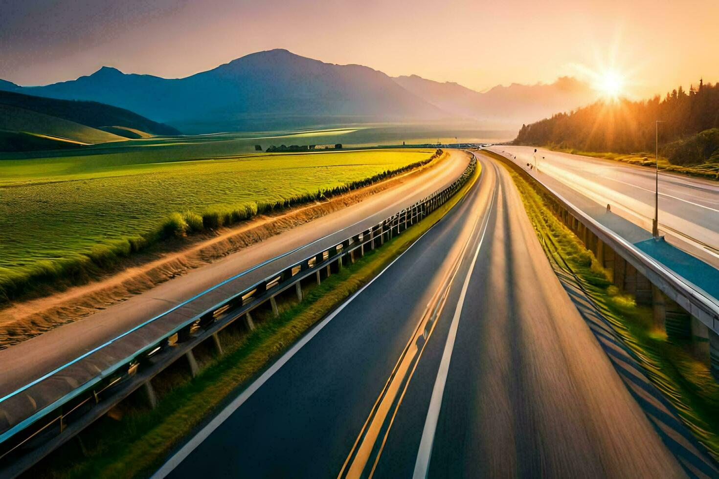 a highway with the sun setting behind it. AI-Generated photo