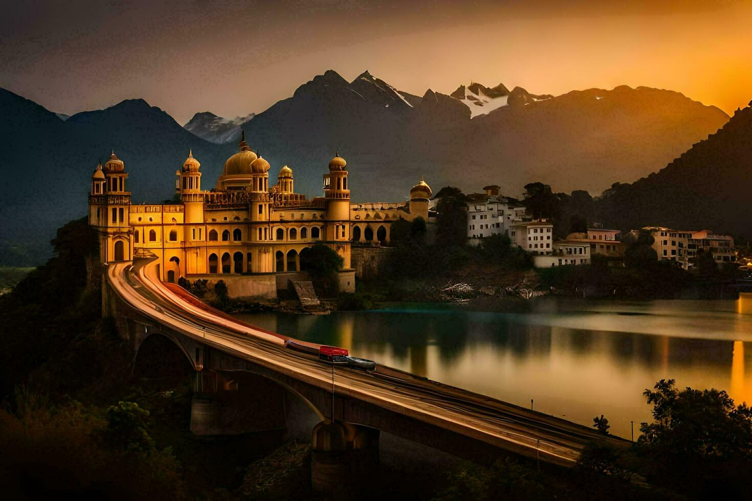the sun sets over a bridge and a palace in india. AI-Generated photo