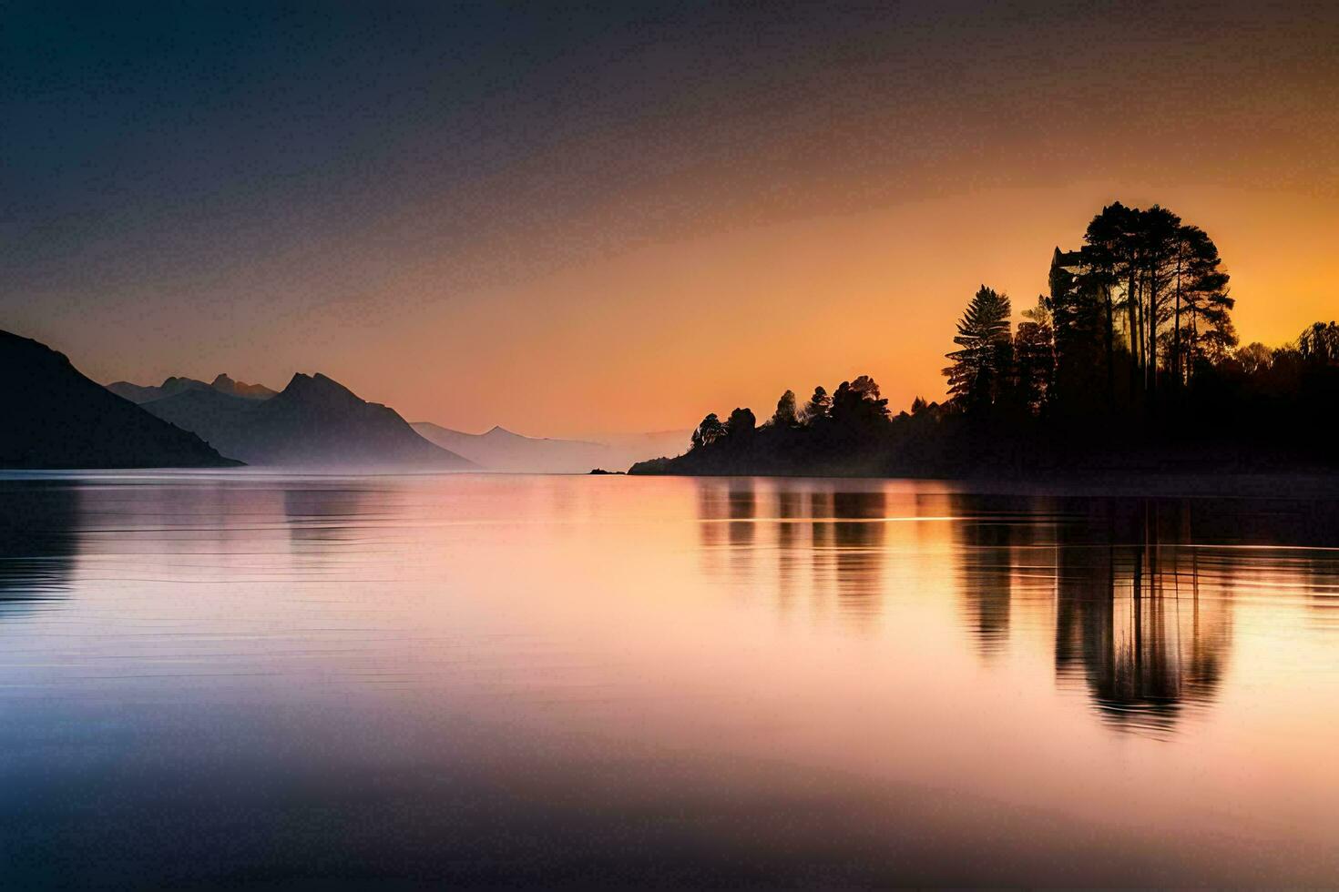 a beautiful sunset over a lake with trees and mountains. AI-Generated photo