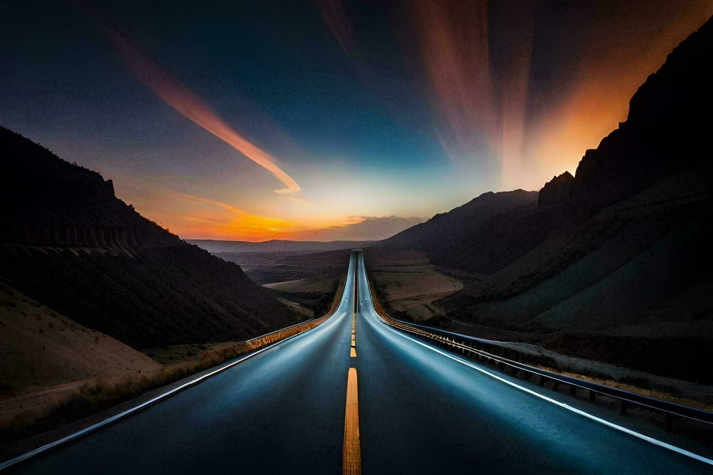 a long exposure photo of a road at sunset. AI-Generated