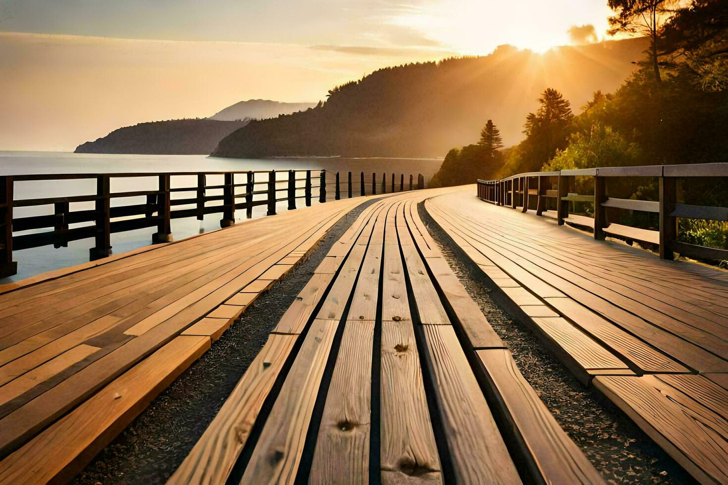 a wooden bridge leads to the ocean at sunset. AI-Generated photo