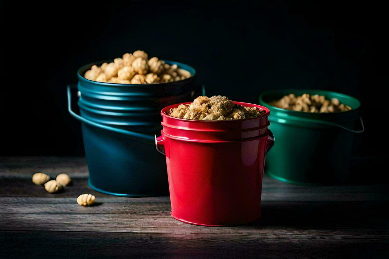 three buckets filled with peanuts on a wooden table. AI-Generated photo