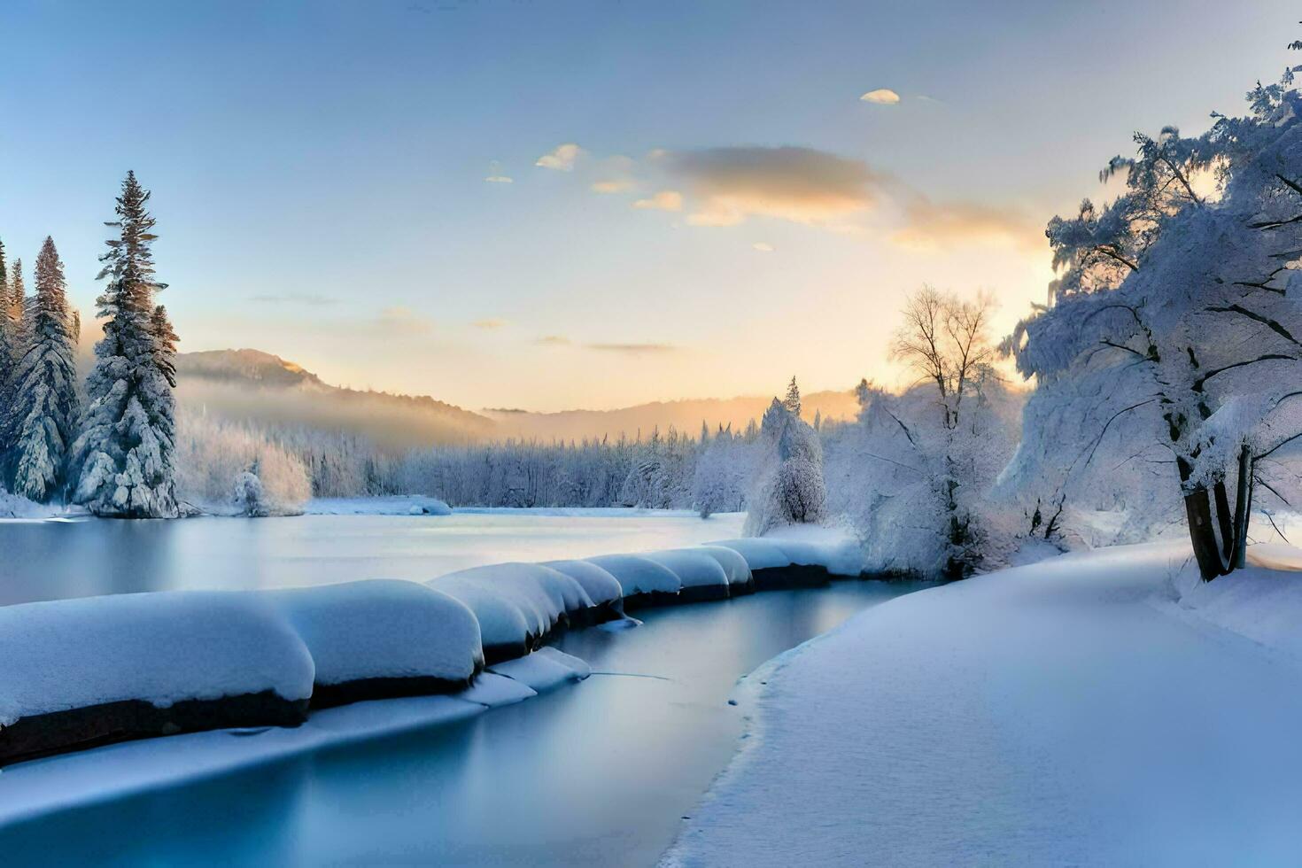 photo wallpaper the sky, snow, trees, river, lake, mountains, sunrise, trees,. AI-Generated