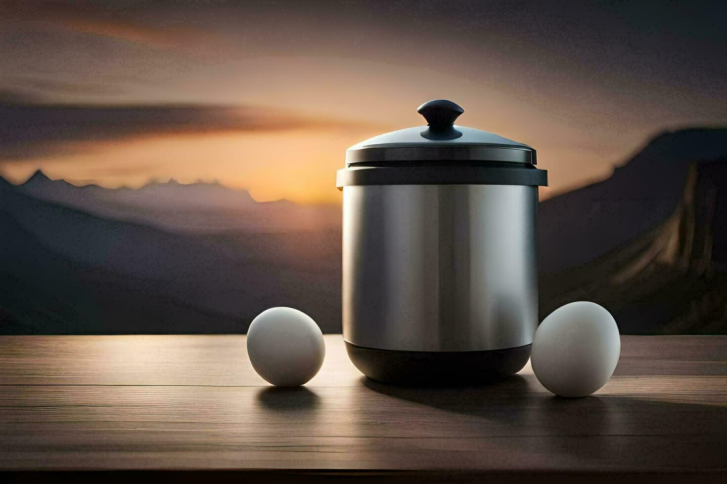 eggs on a table with a canister. AI-Generated photo