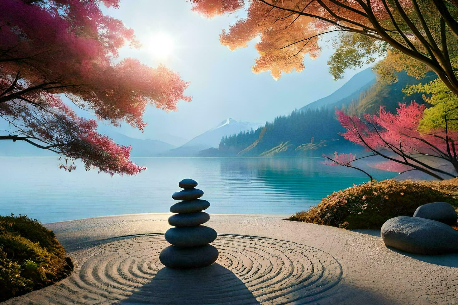 a zen garden with stones and trees. AI-Generated photo
