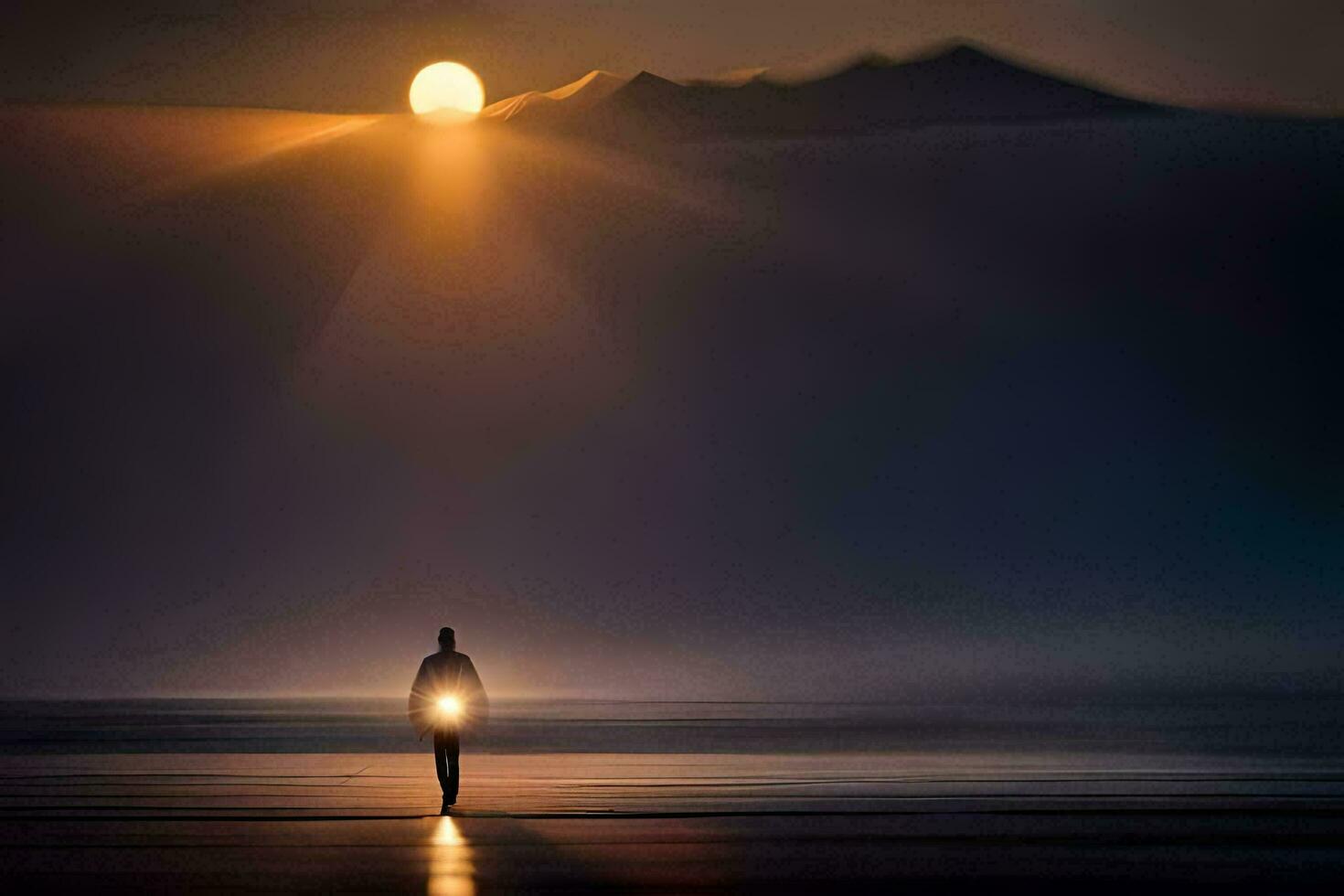 a man walking on the beach with the sun setting behind him. AI-Generated photo