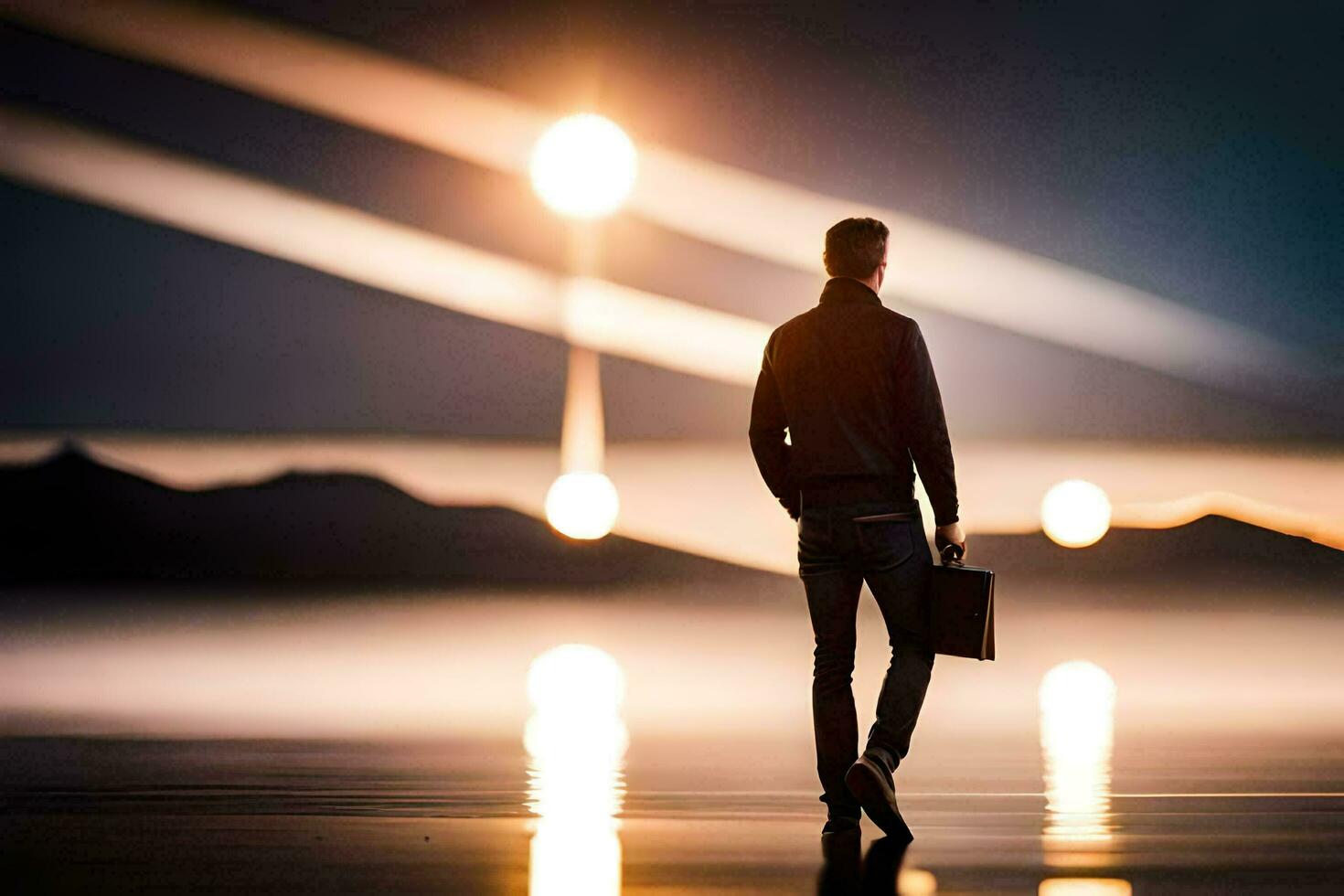 un hombre caminando en el playa a noche con su maletín. generado por ai foto