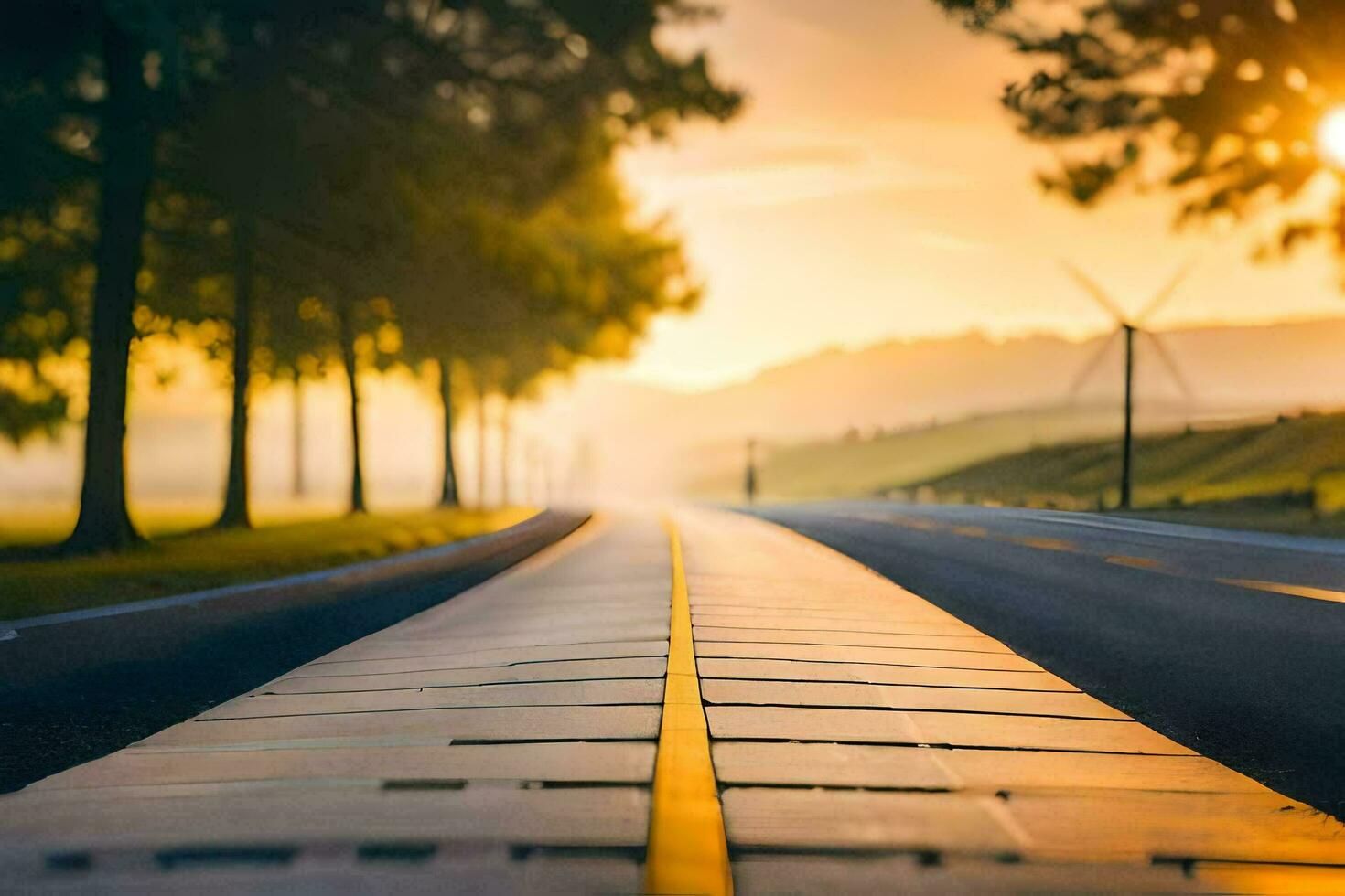 a long road with trees and the sun setting in the background. AI-Generated photo