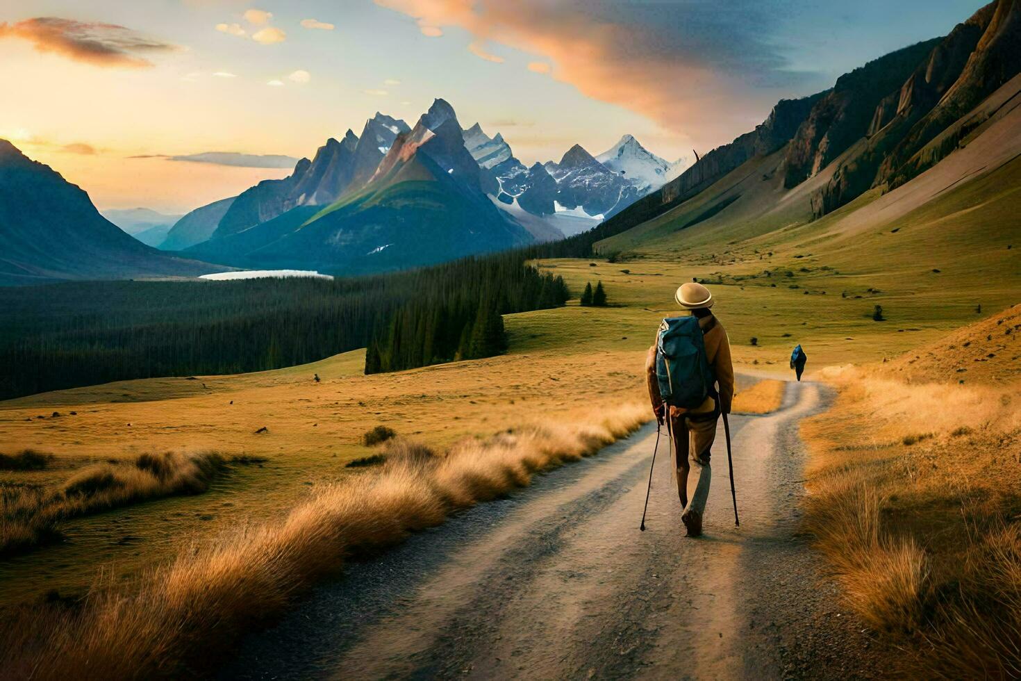 a man with a backpack walking down a dirt road in the mountains. AI-Generated photo