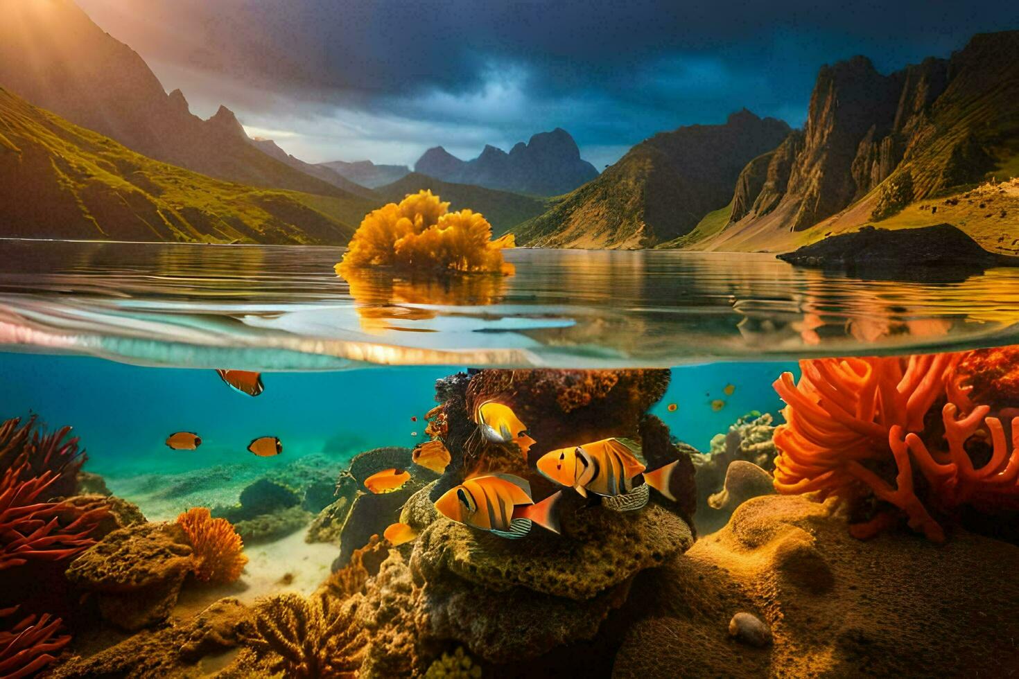 underwater scene with coral reefs and fish. AI-Generated photo
