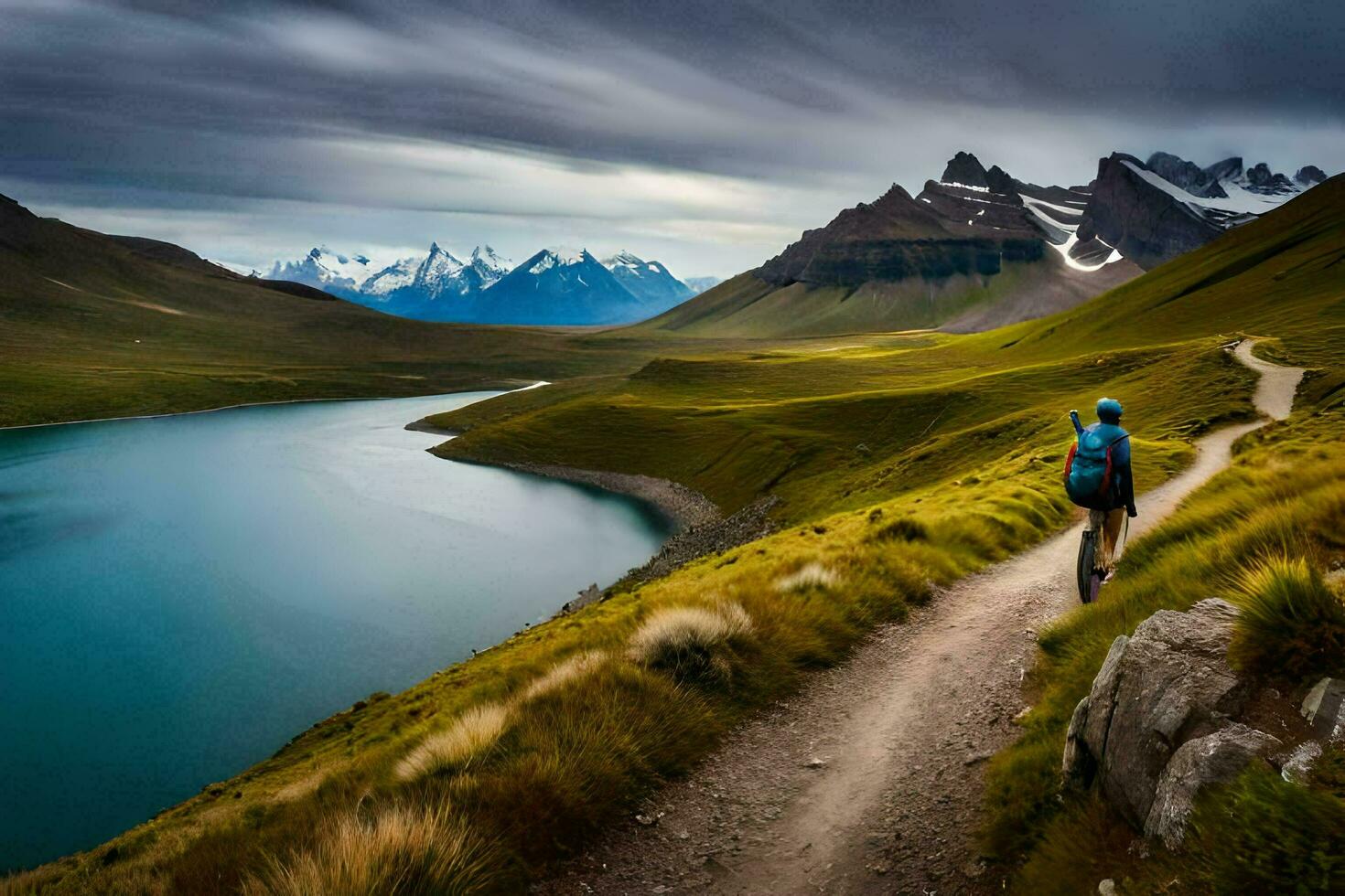 a man walks along a path in the mountains. AI-Generated photo